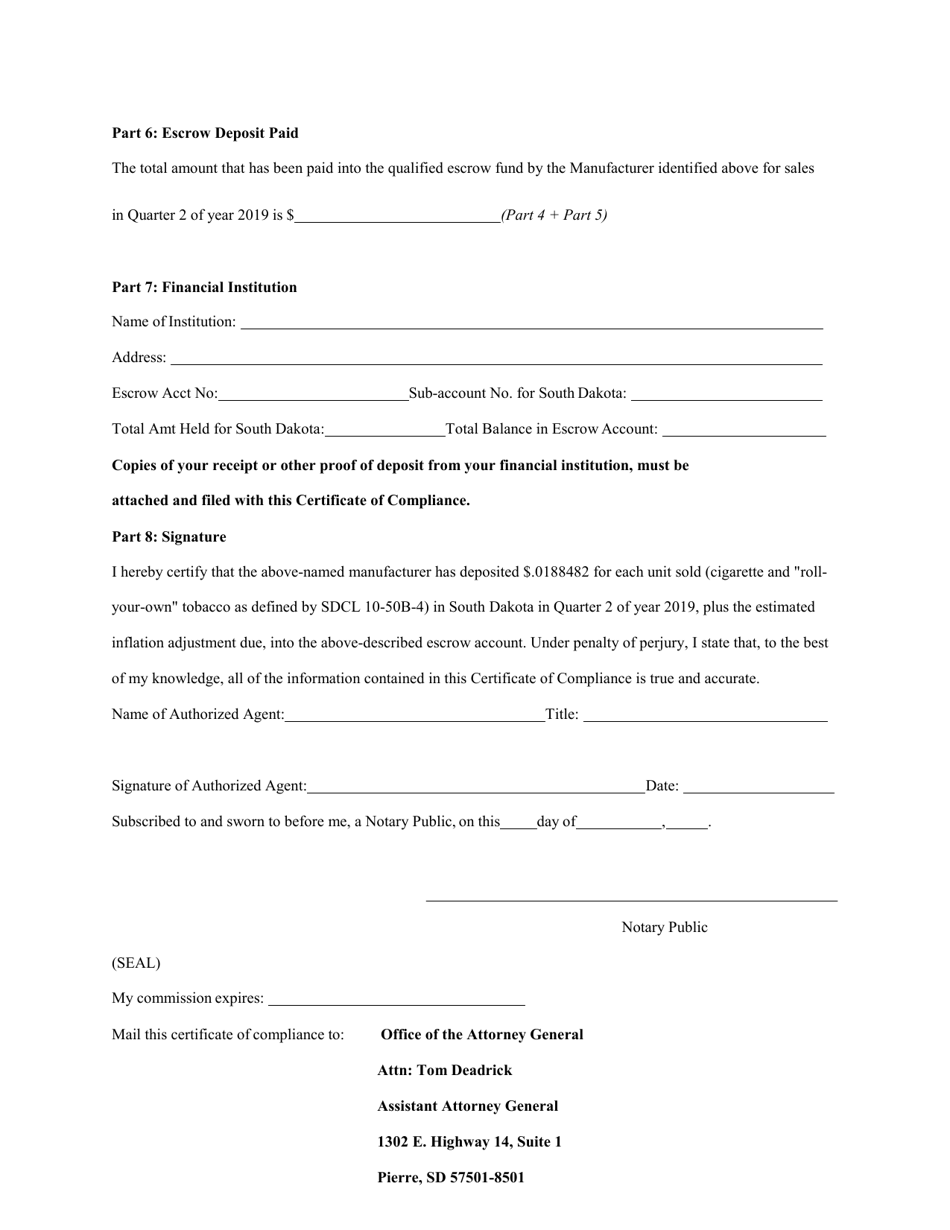 Certificate of Compliance - Non-participating Manufacturer Escrow Payment - Quarter 2 - South Dakota, Page 2