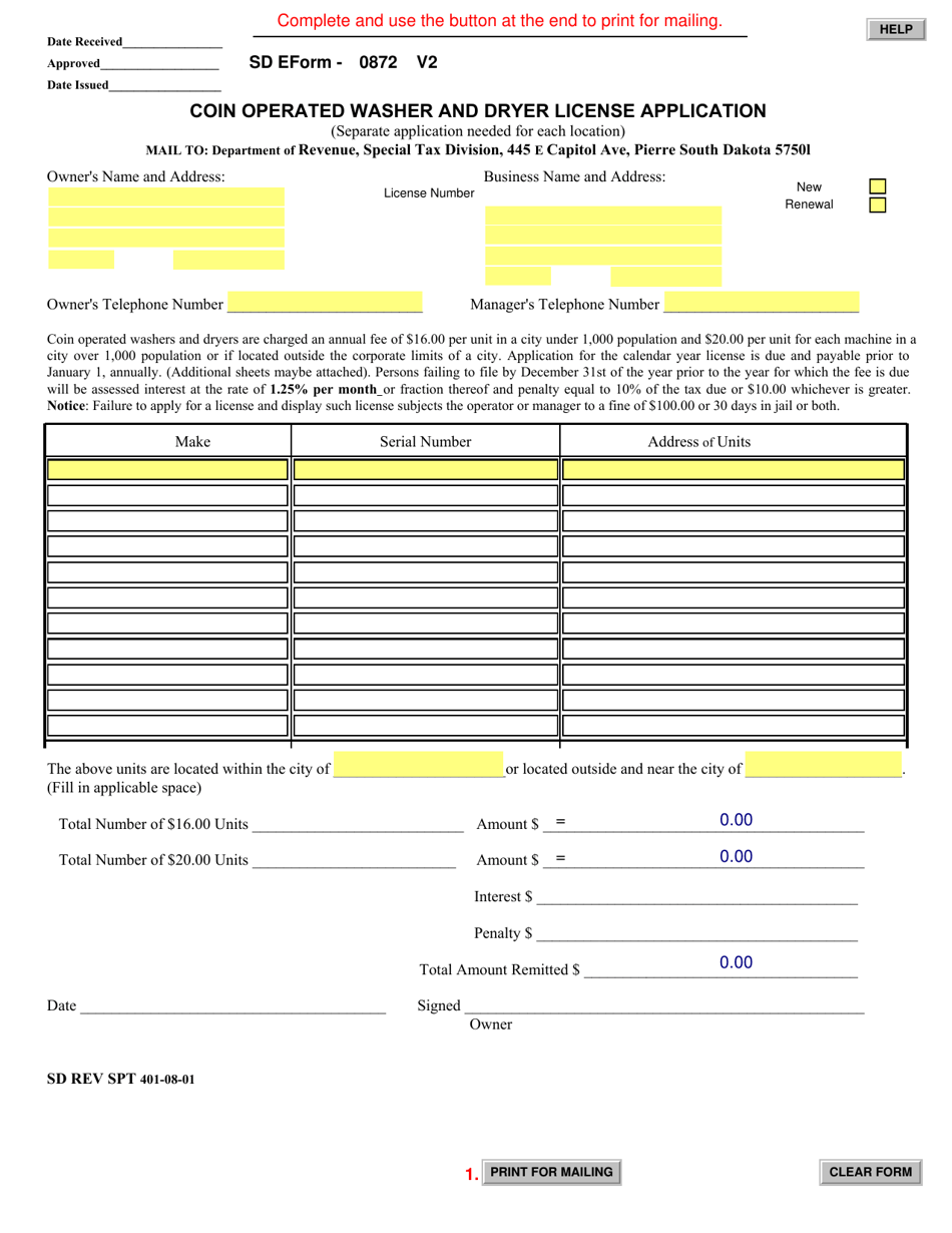 Form 0872 Coin Operated Washer and Dryer License Application - South Dakota, Page 1