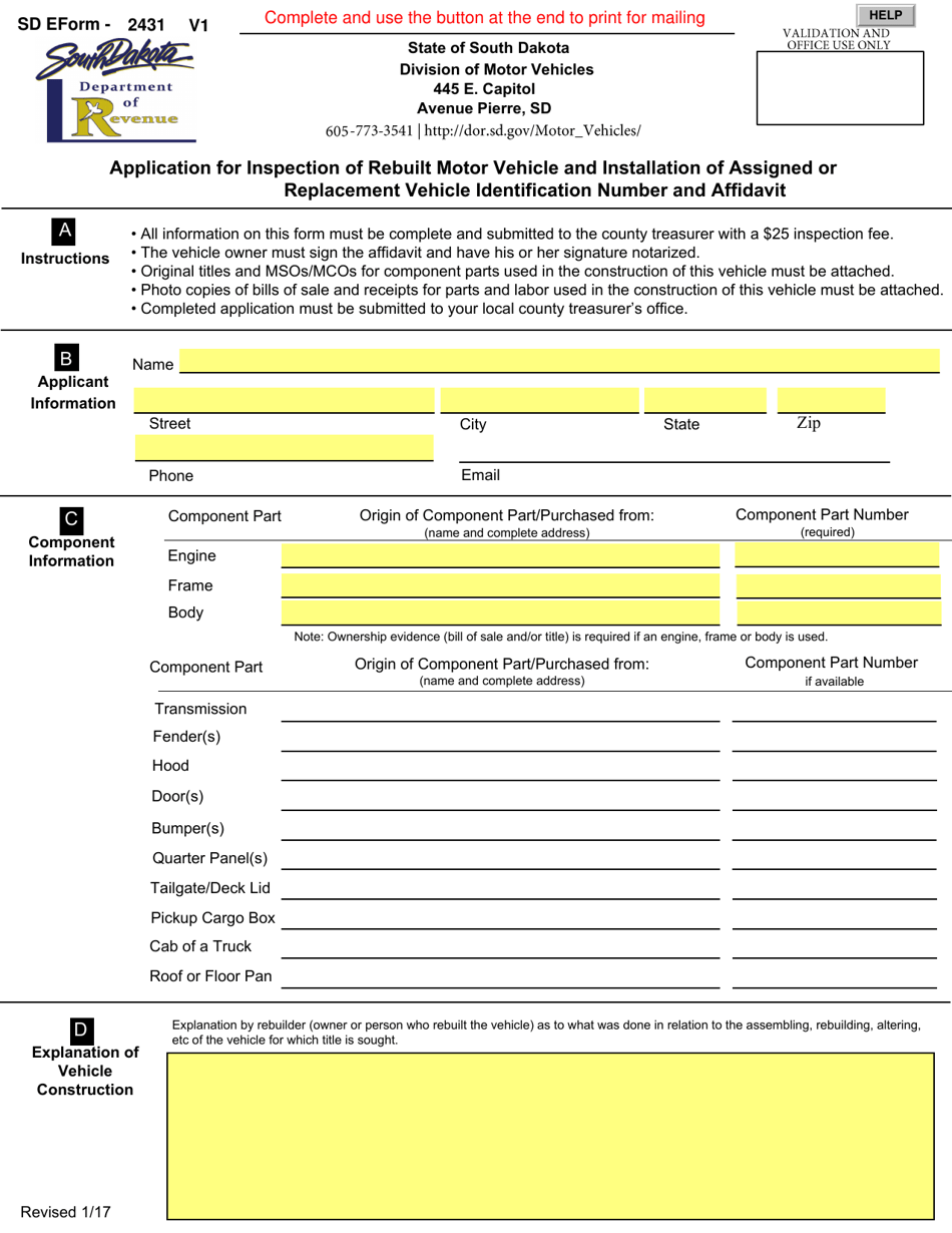 Form 2431 - Fill Out, Sign Online And Download Fillable Pdf, South 