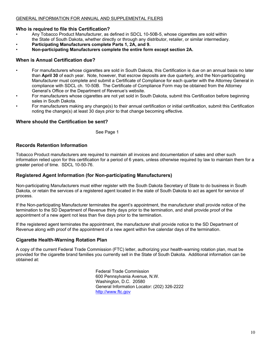 Form 1786 South Dakota Tobacco Product Manufacturer Complementary Legislation Certification - South Dakota, Page 10