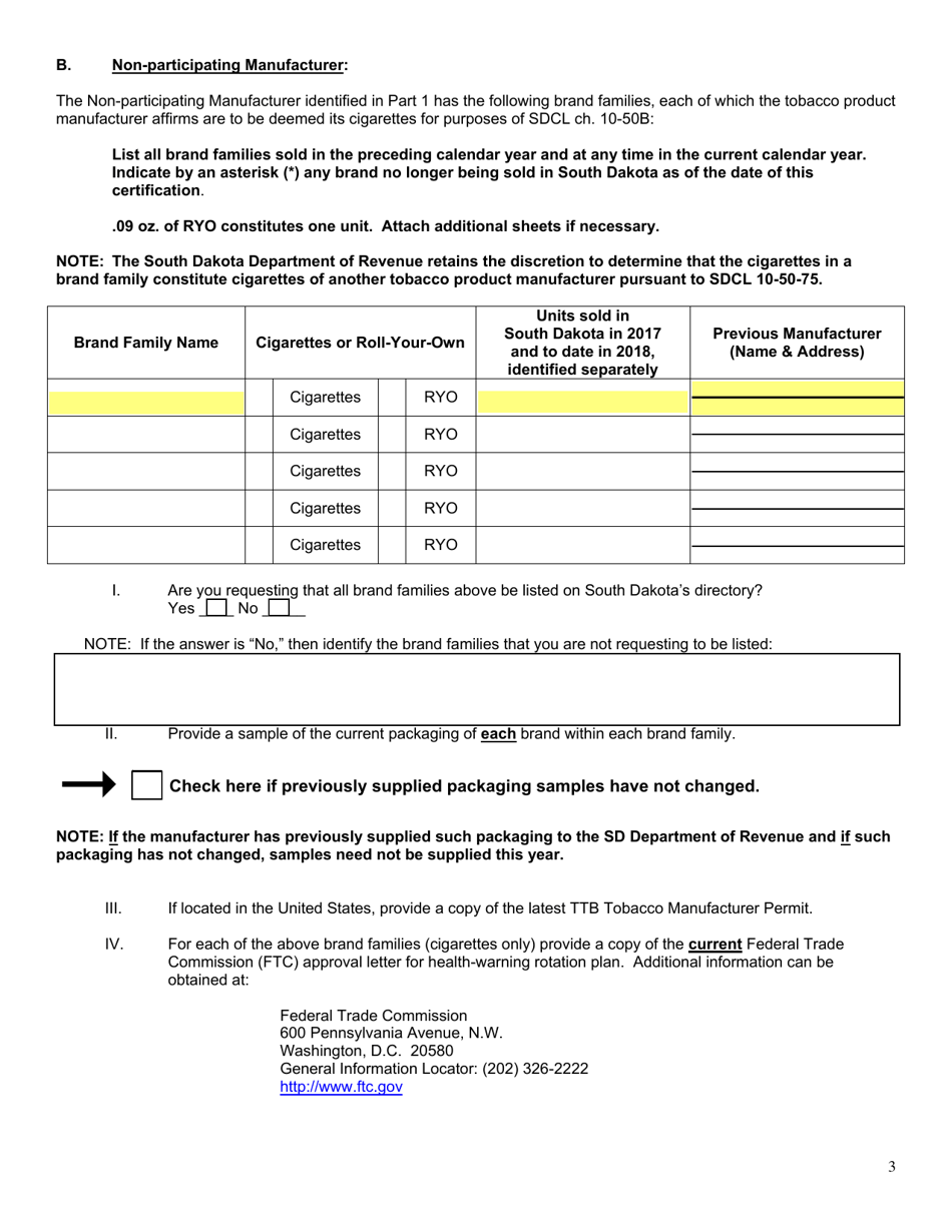 Form 1786 South Dakota Tobacco Product Manufacturer Complementary Legislation Certification - South Dakota, Page 3