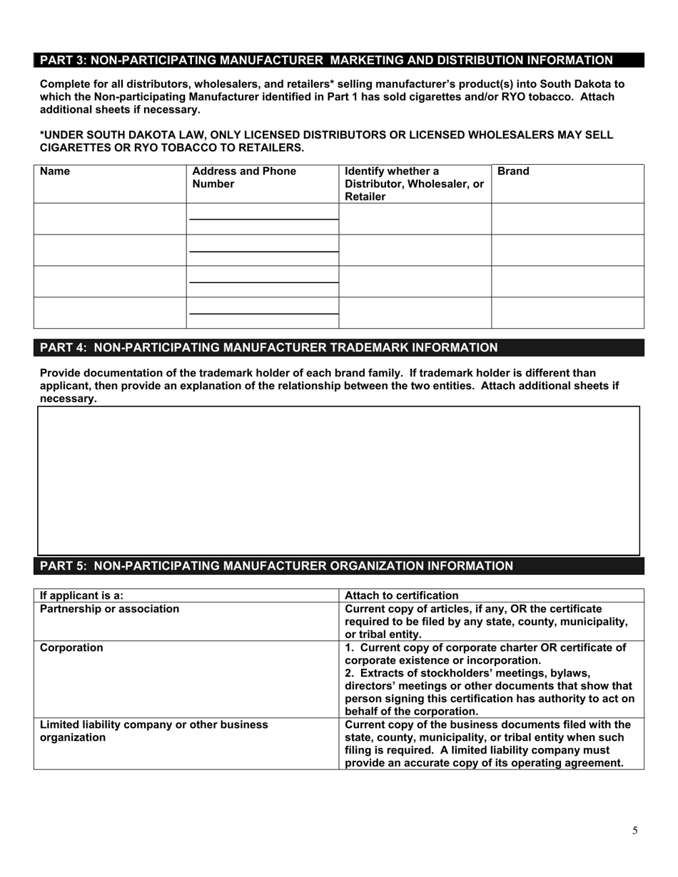 Form 1786 South Dakota Tobacco Product Manufacturer Complementary Legislation Certification - South Dakota, Page 5