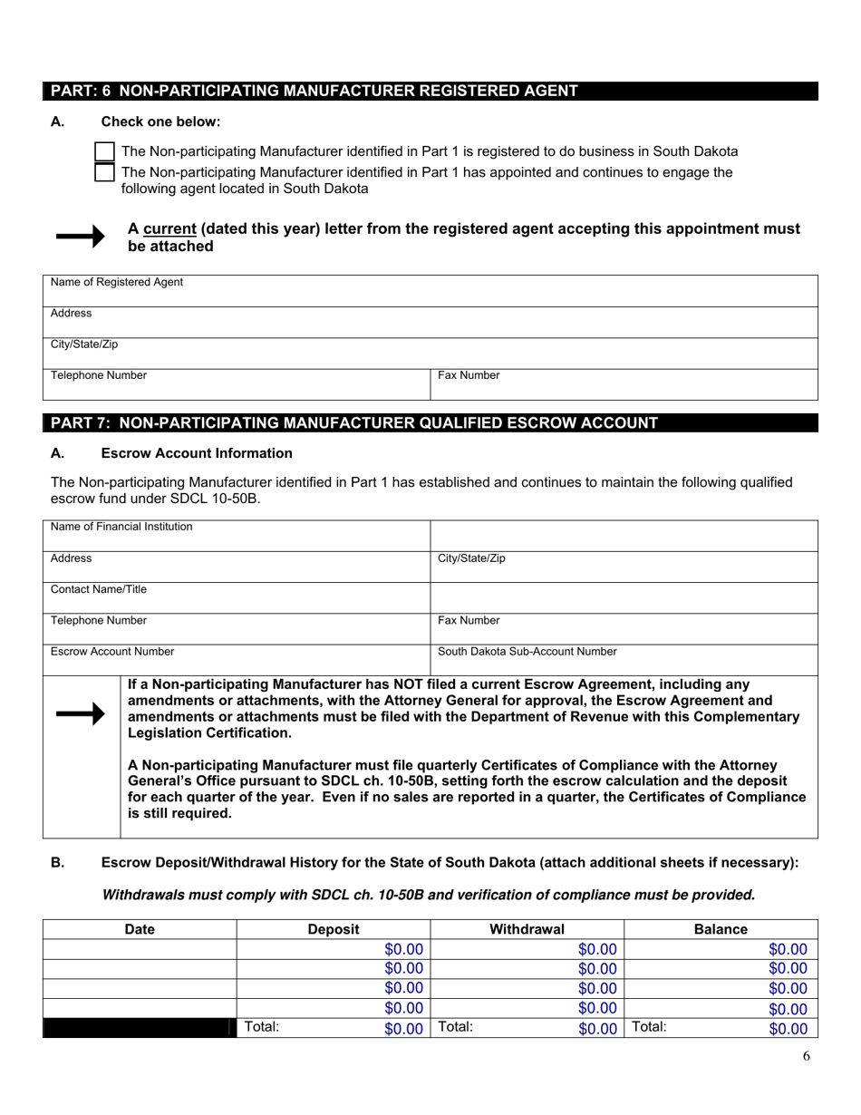 Form 1786 South Dakota Tobacco Product Manufacturer Complementary Legislation Certification - South Dakota, Page 6