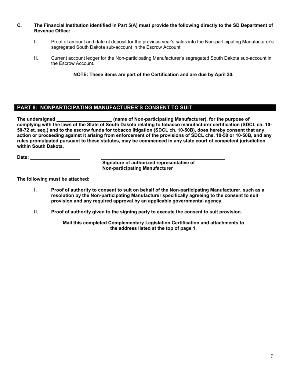 Form 1786 South Dakota Tobacco Product Manufacturer Complementary Legislation Certification - South Dakota, Page 7