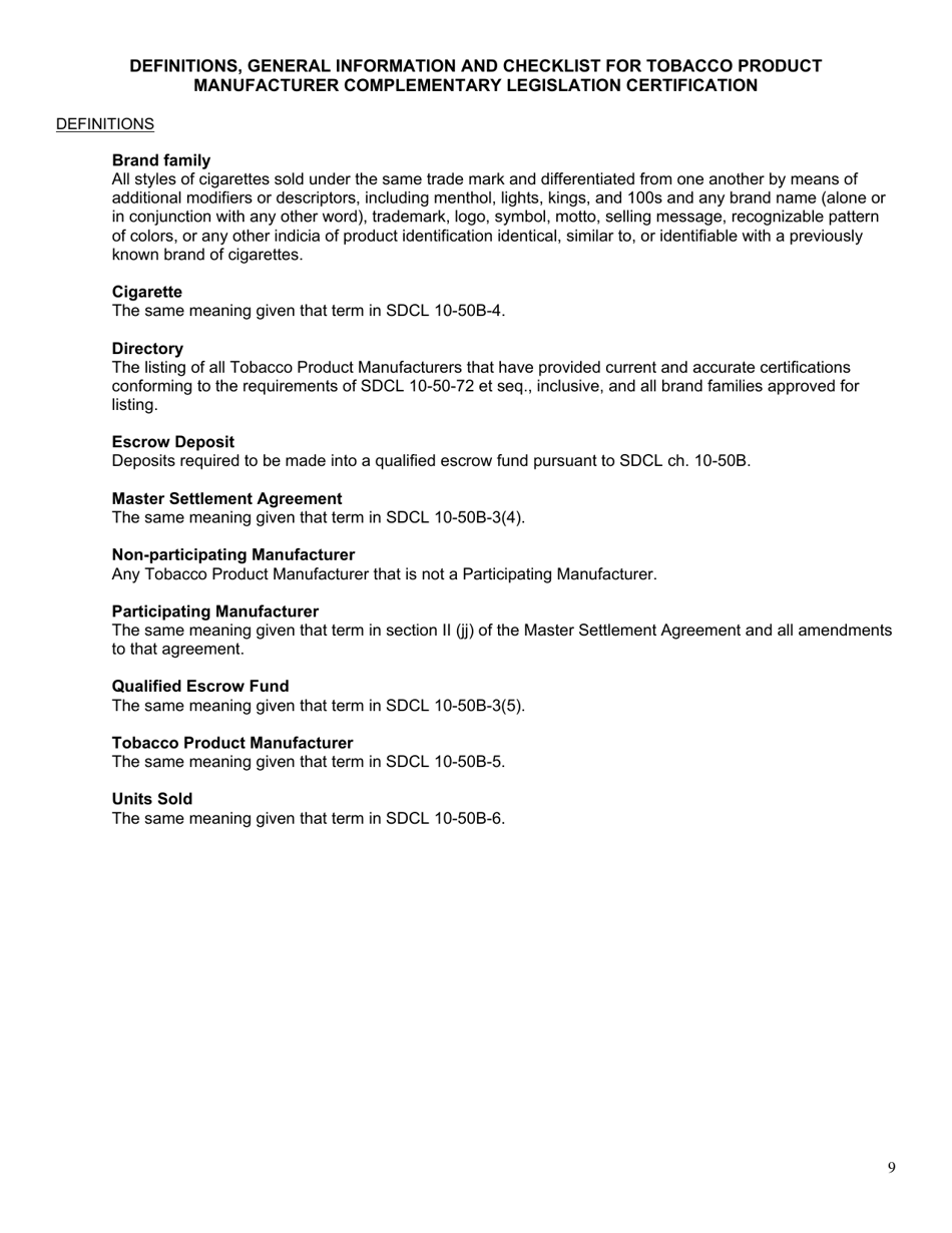 Form 1786 South Dakota Tobacco Product Manufacturer Complementary Legislation Certification - South Dakota, Page 9