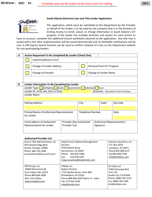 Form 2227 South Dakota Electronic Lien and Title Lender Application - South Dakota
