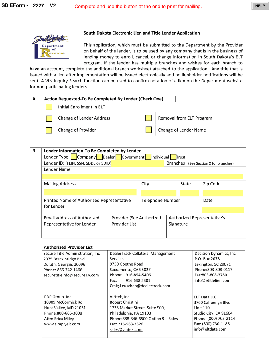 Form 2227 South Dakota Electronic Lien and Title Lender Application - South Dakota, Page 1
