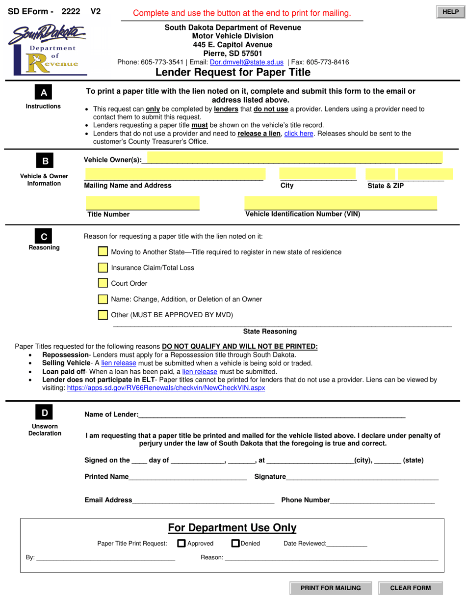 Form 2222 Fill Out, Sign Online and Download Fillable PDF, South
