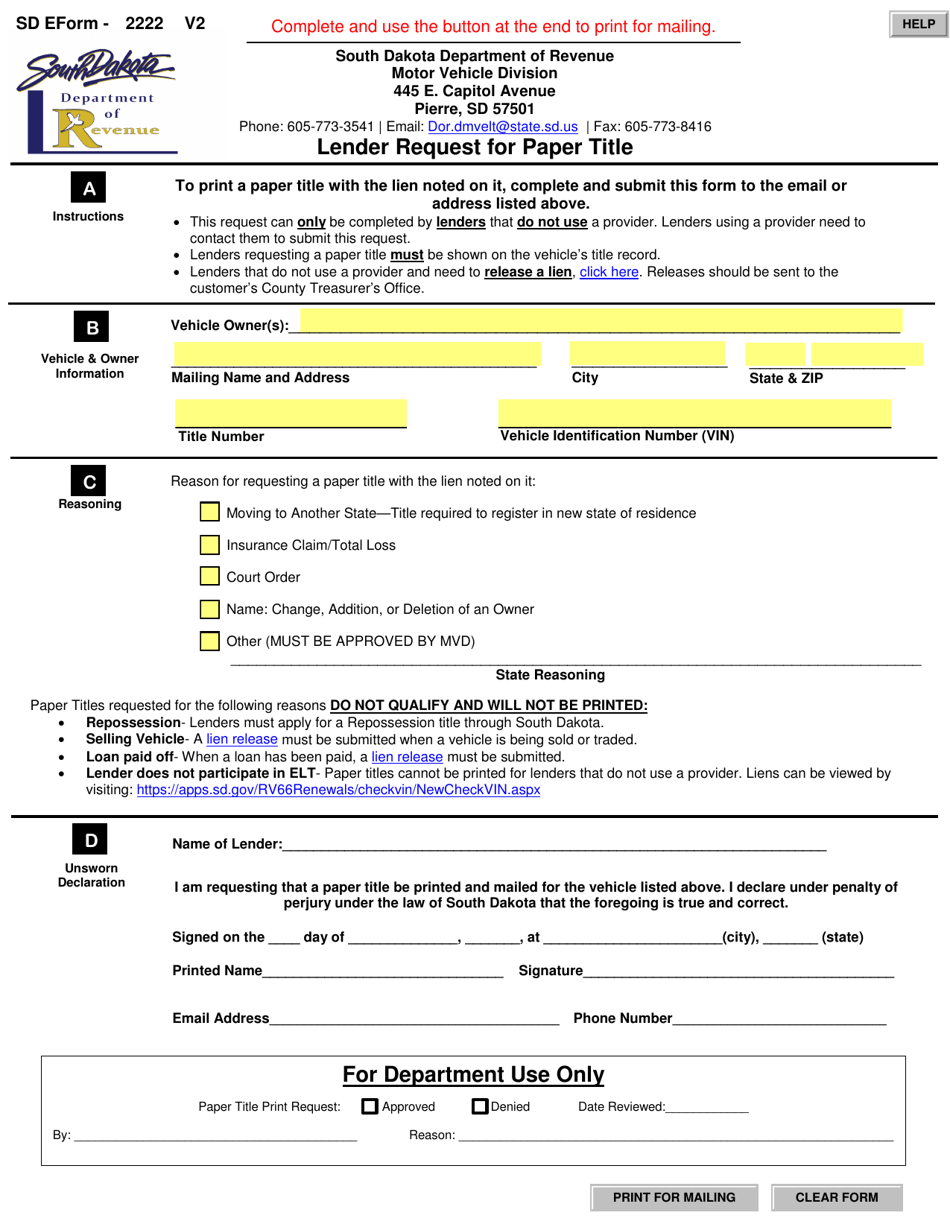 Form 2222 Lender Request for Paper Title - South Dakota, Page 1