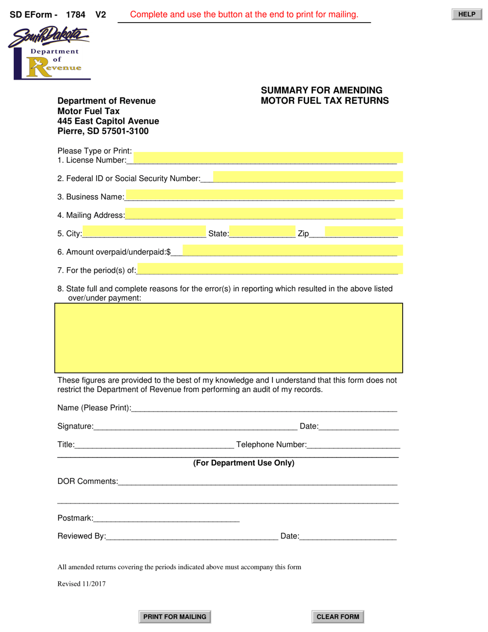 Form 1784 Summary for Amending Motor Fuel Tax Returns - South Dakota, Page 1