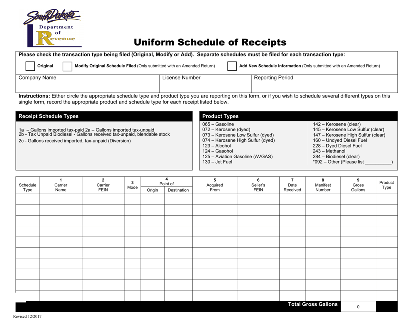 Uniform Schedule of Receipts - South Dakota Download Pdf