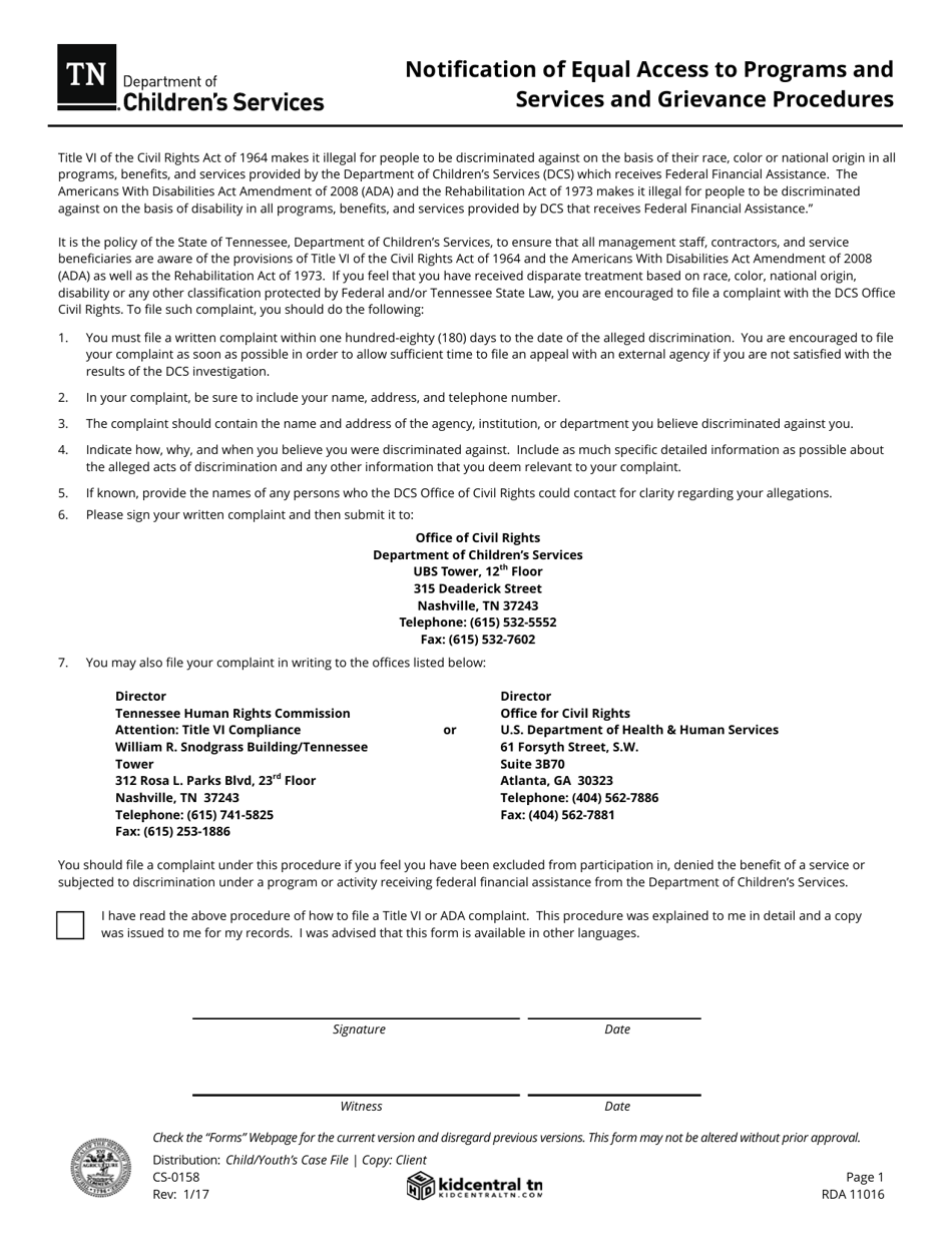 Form CS-0158 Notification of Equal Access to Programs and Services and Grievance Procedures - Tennessee, Page 1