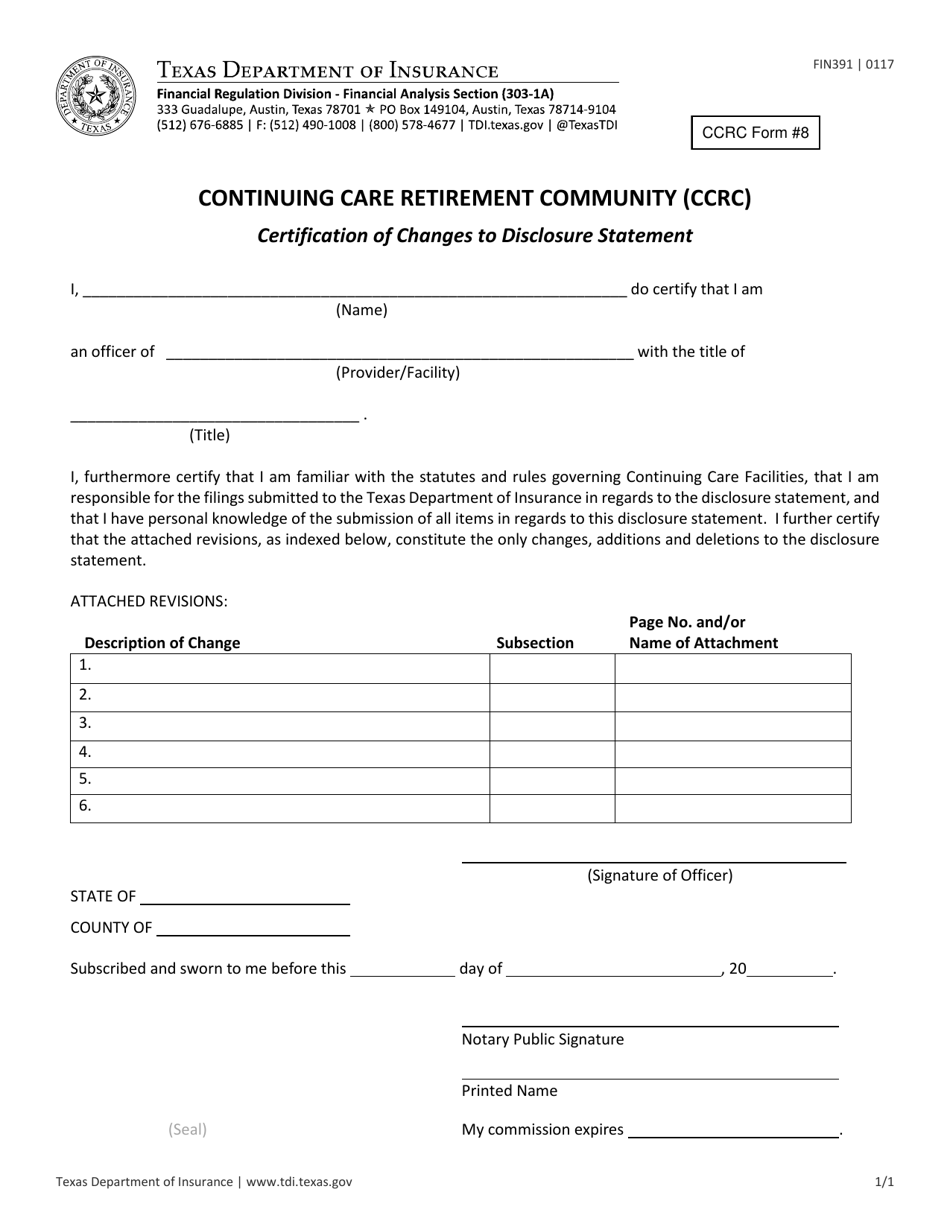 CCRC Form 8 (FIN391) Continuing Care Retirement Community (Ccrc) Certification of Changes to Disclosure Statement - Texas, Page 1