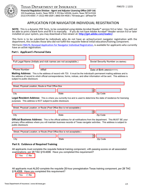 Form FIN573 Application for Navigator Individual Registration - Texas