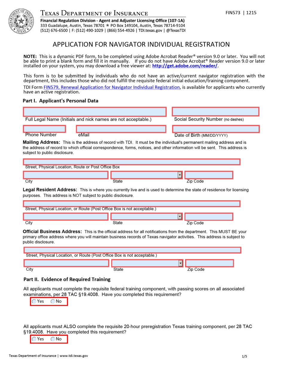 Form FIN573 Application for Navigator Individual Registration - Texas, Page 1
