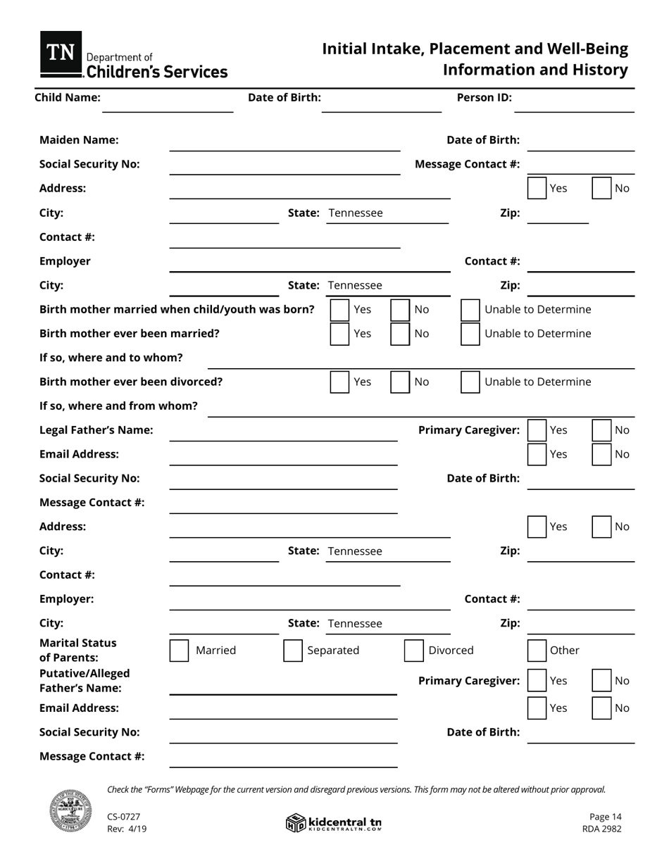 Form CS-0727 Initial Intake, Placement and Well-Being Information and History - Tennessee, Page 14