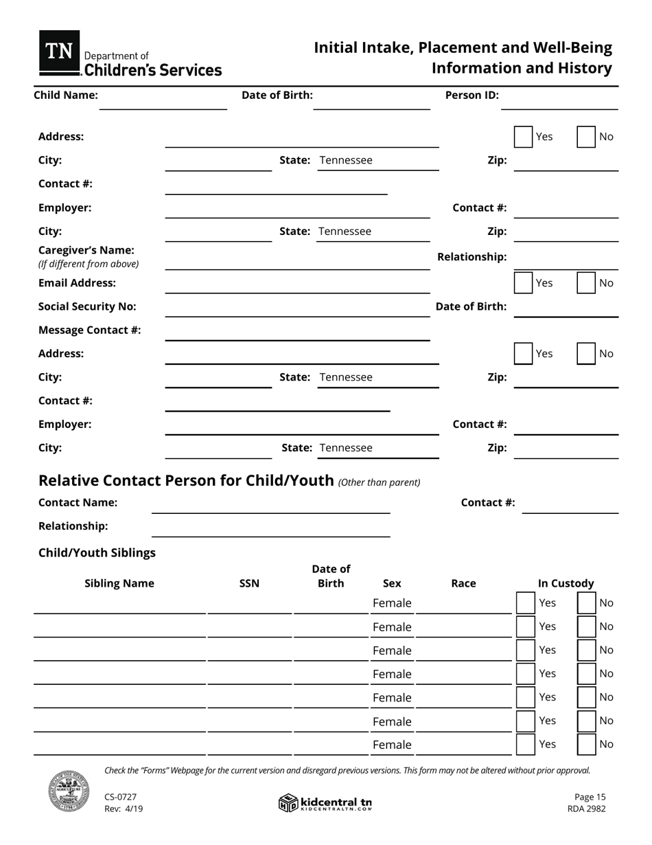 Form CS-0727 Initial Intake, Placement and Well-Being Information and History - Tennessee, Page 15