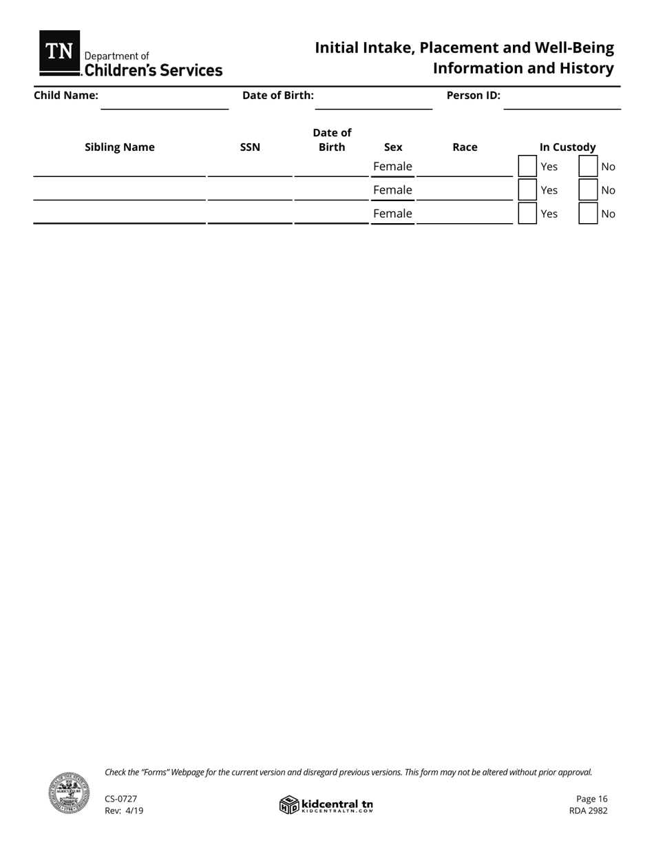Form CS-0727 Initial Intake, Placement and Well-Being Information and History - Tennessee, Page 16