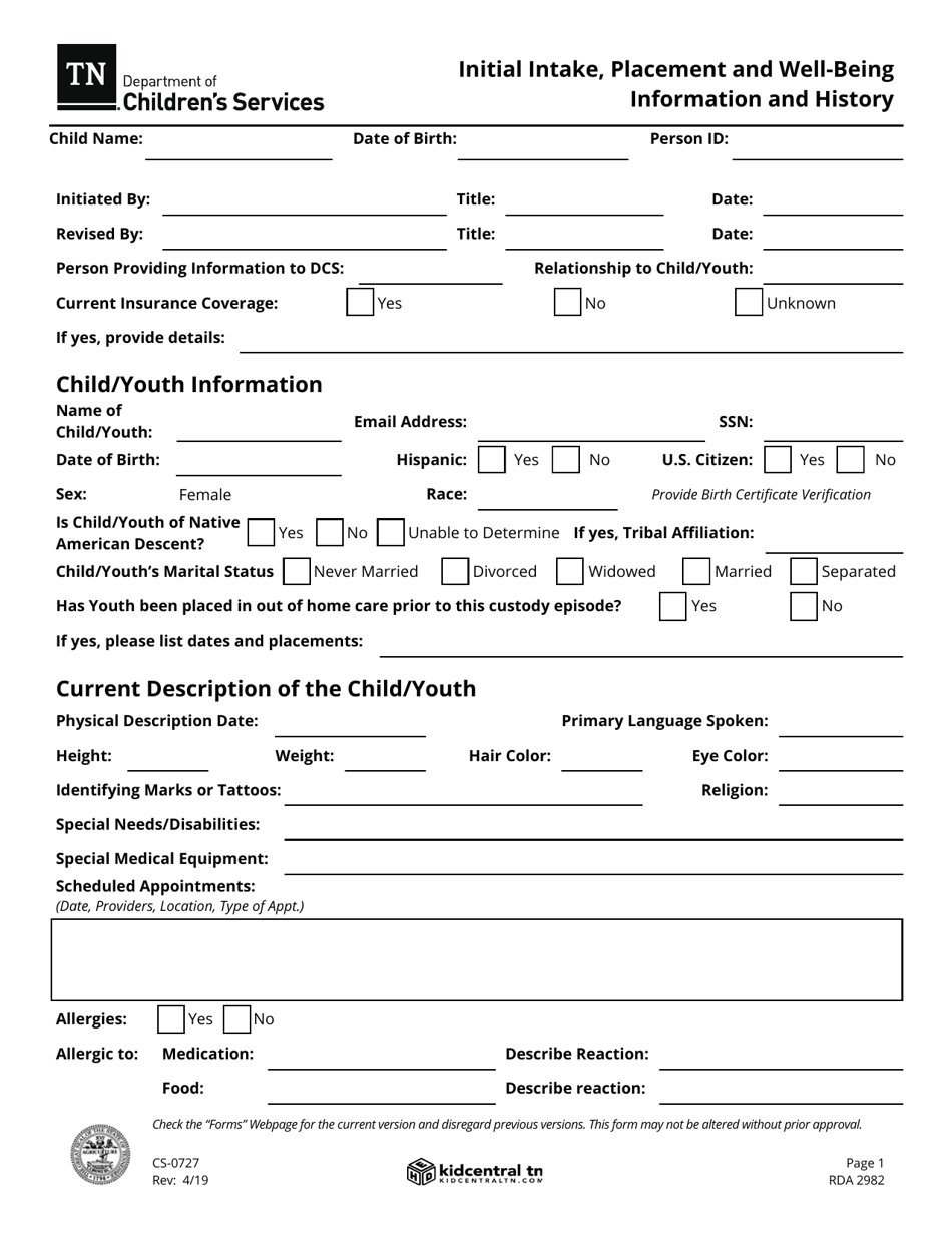 Form CS-0727 Initial Intake, Placement and Well-Being Information and History - Tennessee, Page 1