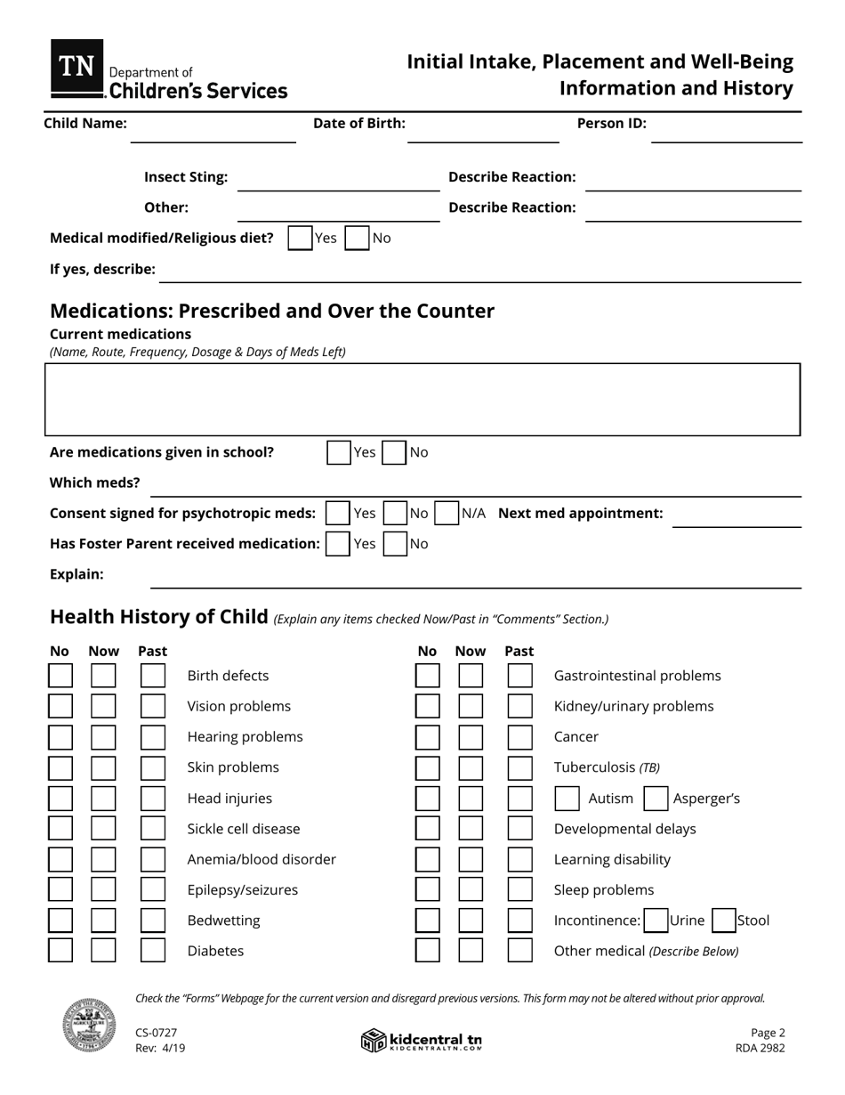 Form CS-0727 Initial Intake, Placement and Well-Being Information and History - Tennessee, Page 2