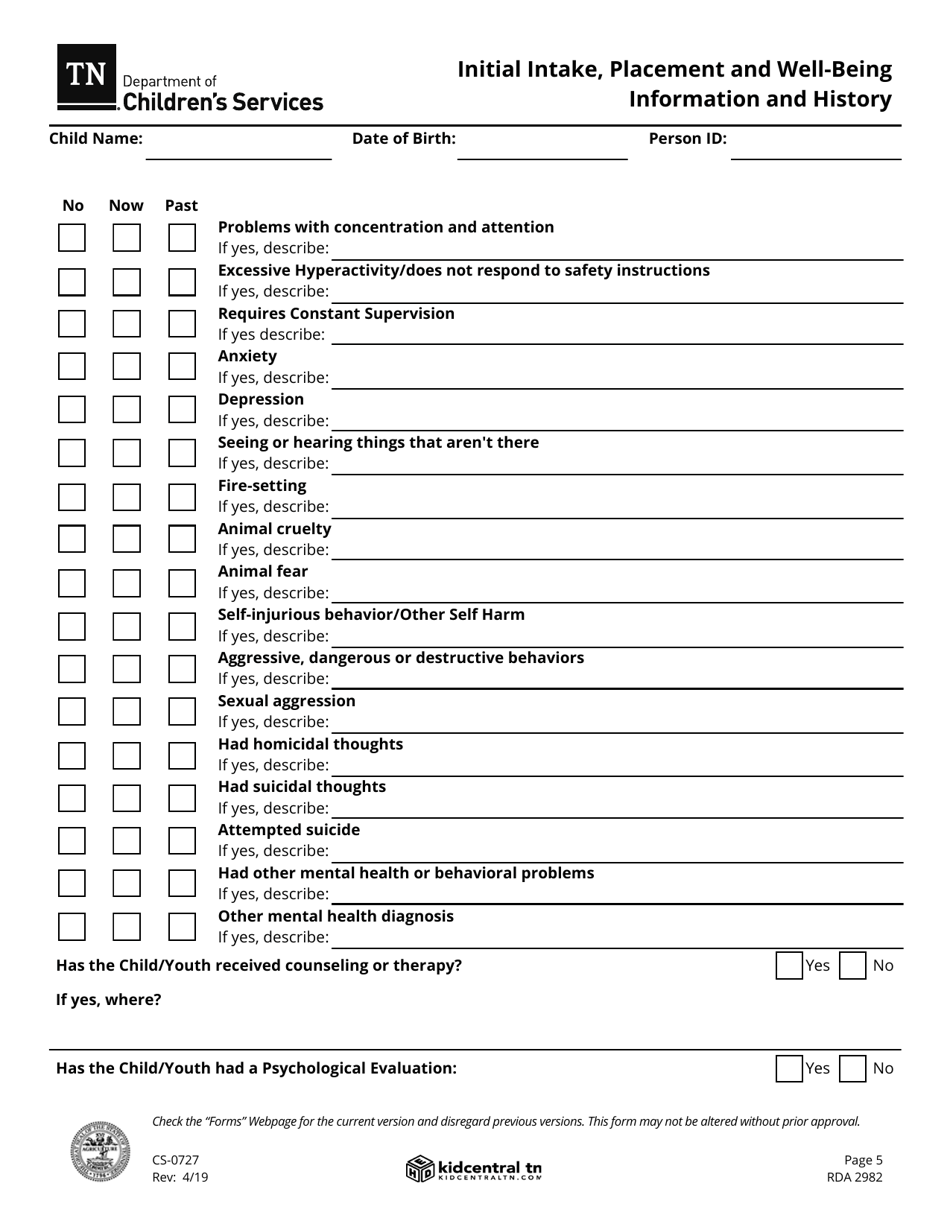 Form CS-0727 Initial Intake, Placement and Well-Being Information and History - Tennessee, Page 5