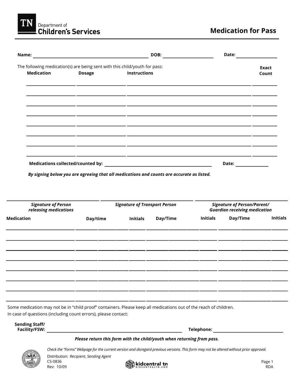 Form CS-0836 Medication for Pass - Tennessee, Page 1
