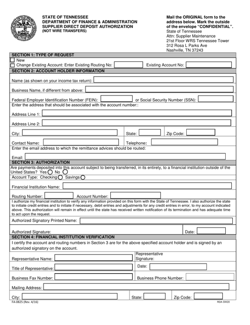 Form FA-0825 Supplier Direct Deposit Authorization (Not Wire Transfers) - Tennessee