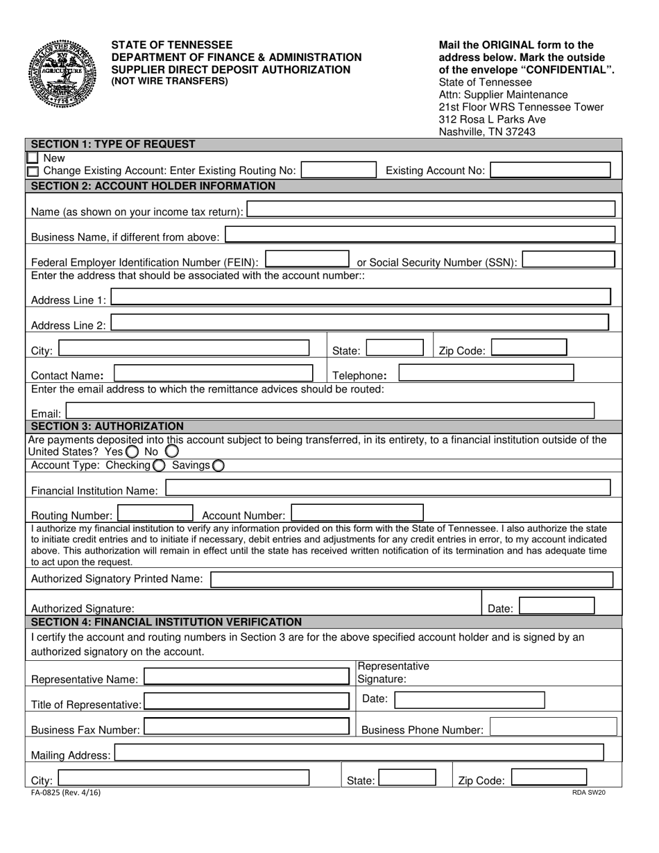 Form FA-0825 Supplier Direct Deposit Authorization (Not Wire Transfers) - Tennessee, Page 1