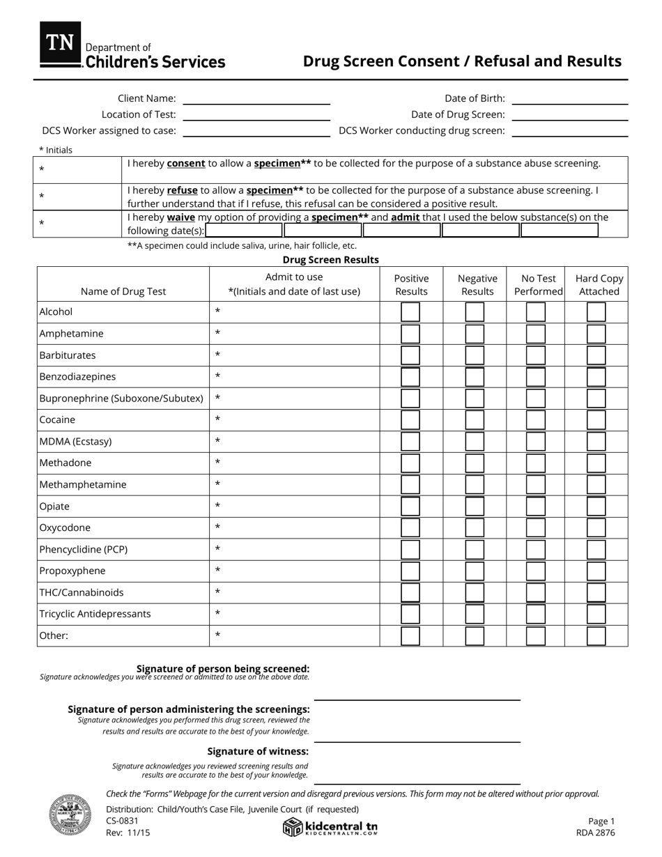 Form CS-0831 Drug Screen Consent / Refusal and Results - Tennessee, Page 1