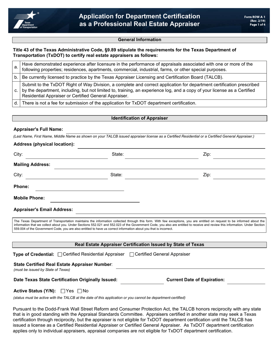 Form ROW-A-1 Application for Pre-certification as a Professional Real Estate Appraiser - Texas, Page 1