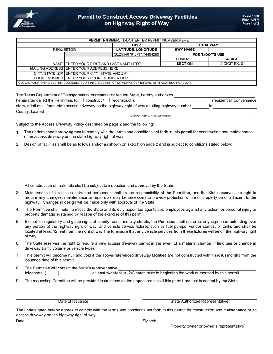 Form 1058 Permit to Construct Access Driveway Facilities on Highway Right of Way - Texas, Page 1