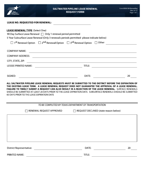 Form ROW-SW-RENEWREQ Saltwater Pipeline Lease Renewal Request Form - Texas