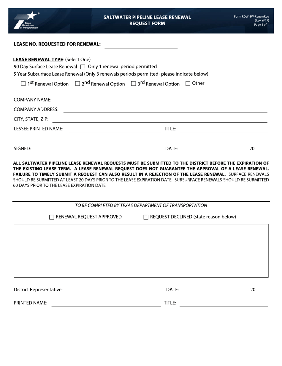Form ROW-SW-RENEWREQ Saltwater Pipeline Lease Renewal Request Form - Texas, Page 1