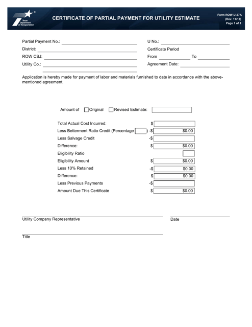 Form ROW-U-27A Certificate of Partial Payment for Utility Estimate - Texas
