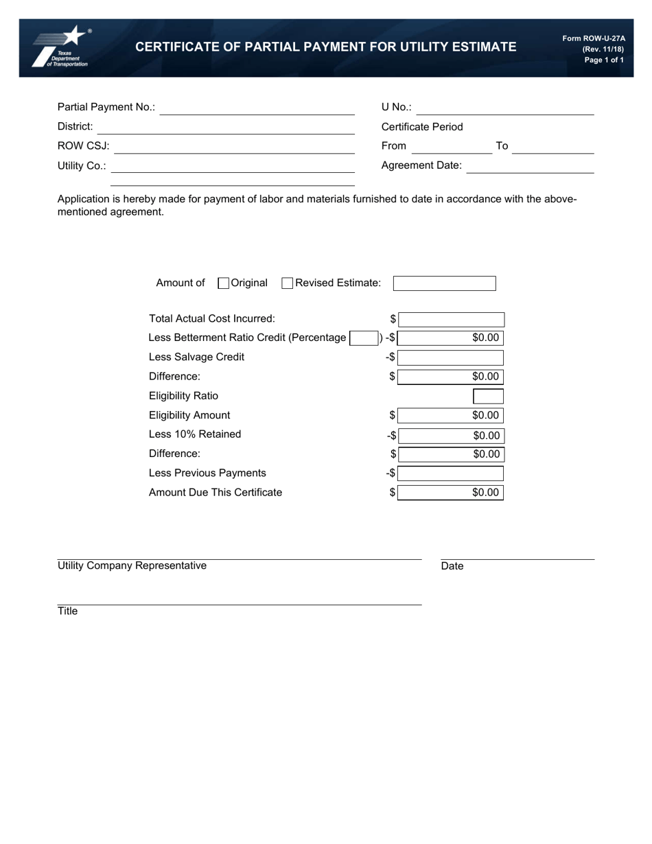 Form ROW-U-27A Certificate of Partial Payment for Utility Estimate - Texas, Page 1