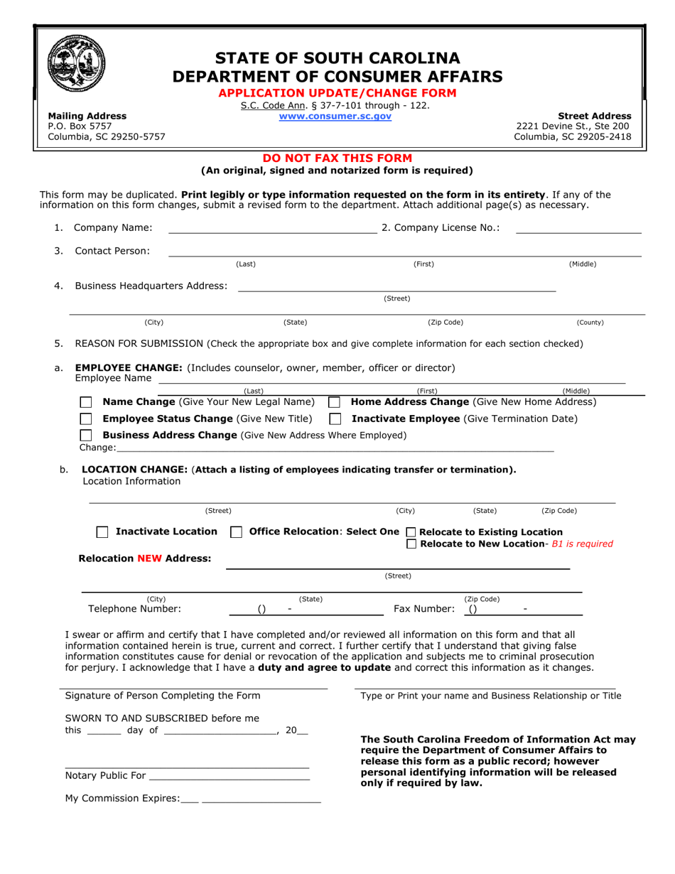 Application Update / Change Form - South Carolina, Page 1