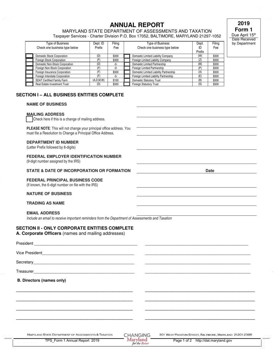 Form 1 Annual Report  Business Personal Property Return - Maryland, Page 1