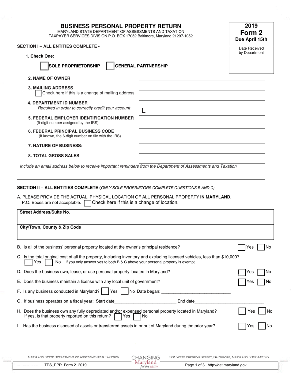 Form 2 Sole Proprietorship and General Partnerships - Business Personal Property Tax Return - Maryland, Page 1
