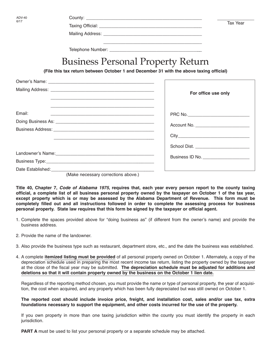 Form ADV-40 Business Personal Property Return - Alabama, Page 1