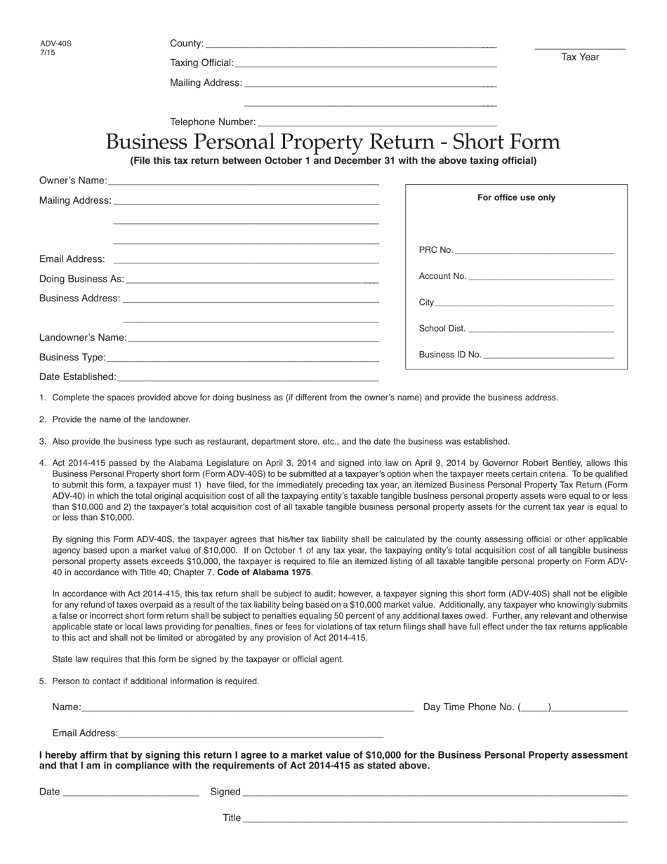 Form ADV-40S Business Personal Property Return - Short Form - Alabama, Page 1