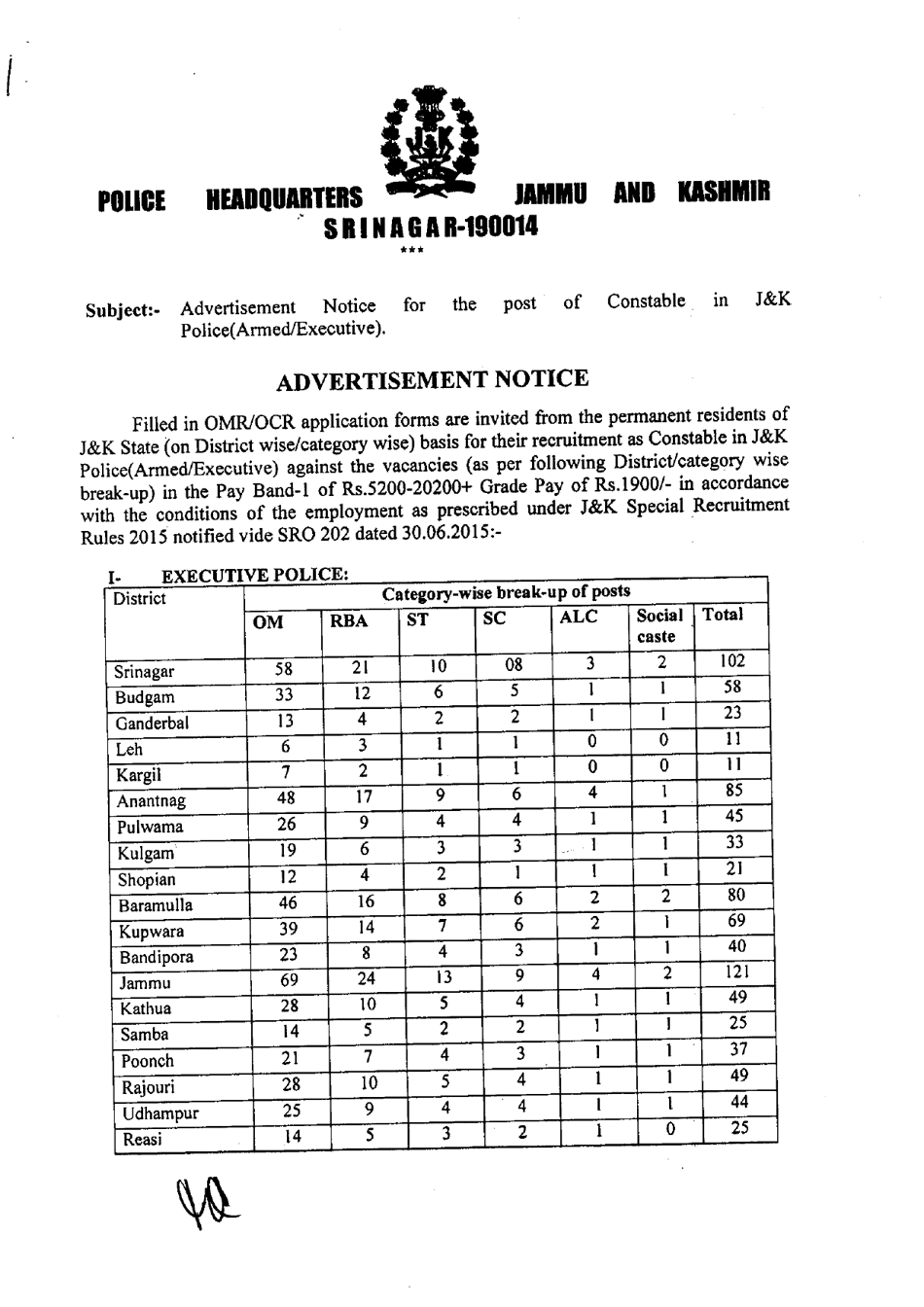 Advertisement Notice - Jammu and Kashmir Police Headquarters (Srinagar-190014) - Jammu and Kashmir, India Document Preview