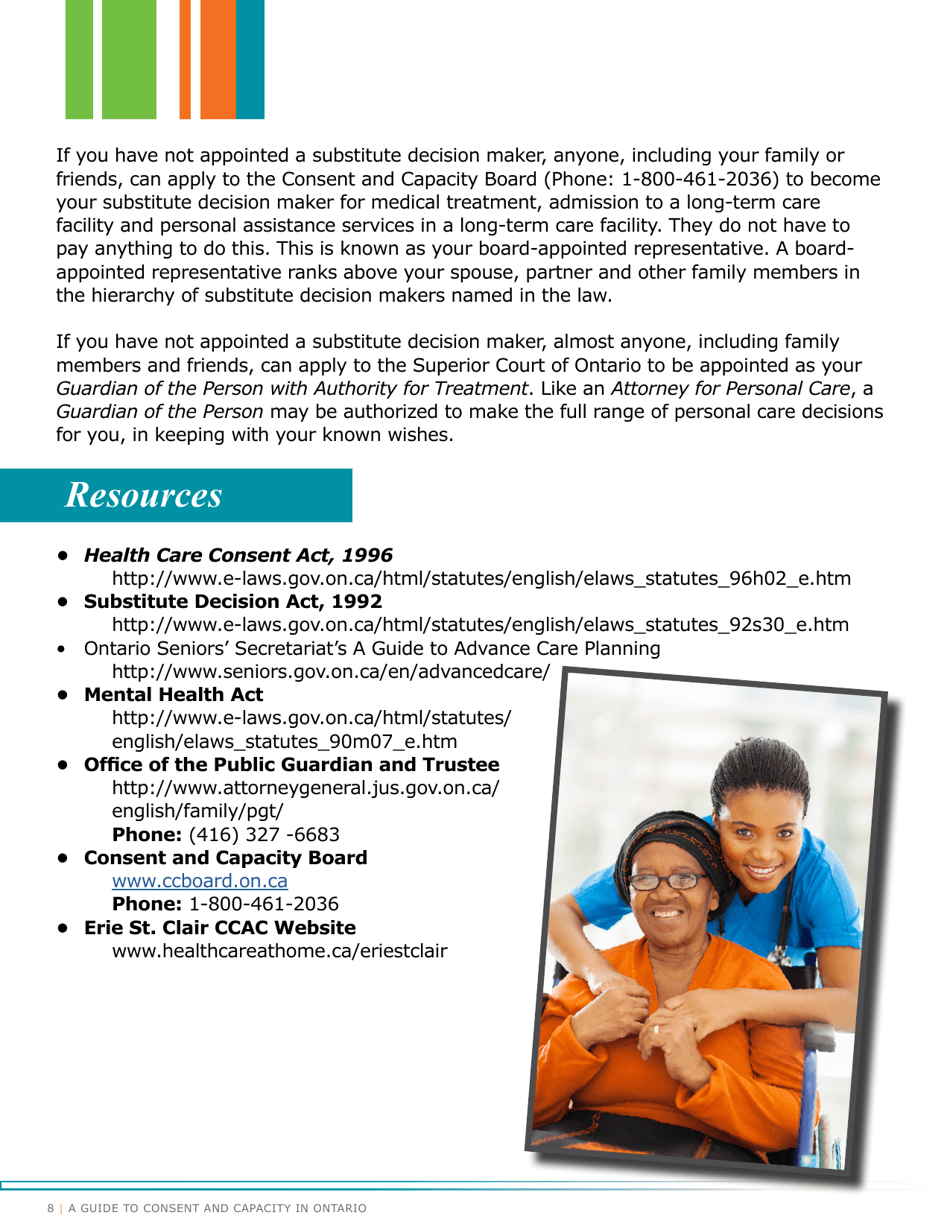 A Guide to Consent and Capacity in Ontario - Erie St. Clair Ccac (Community Care Access Centre) - Ontario, Canada, Page 10