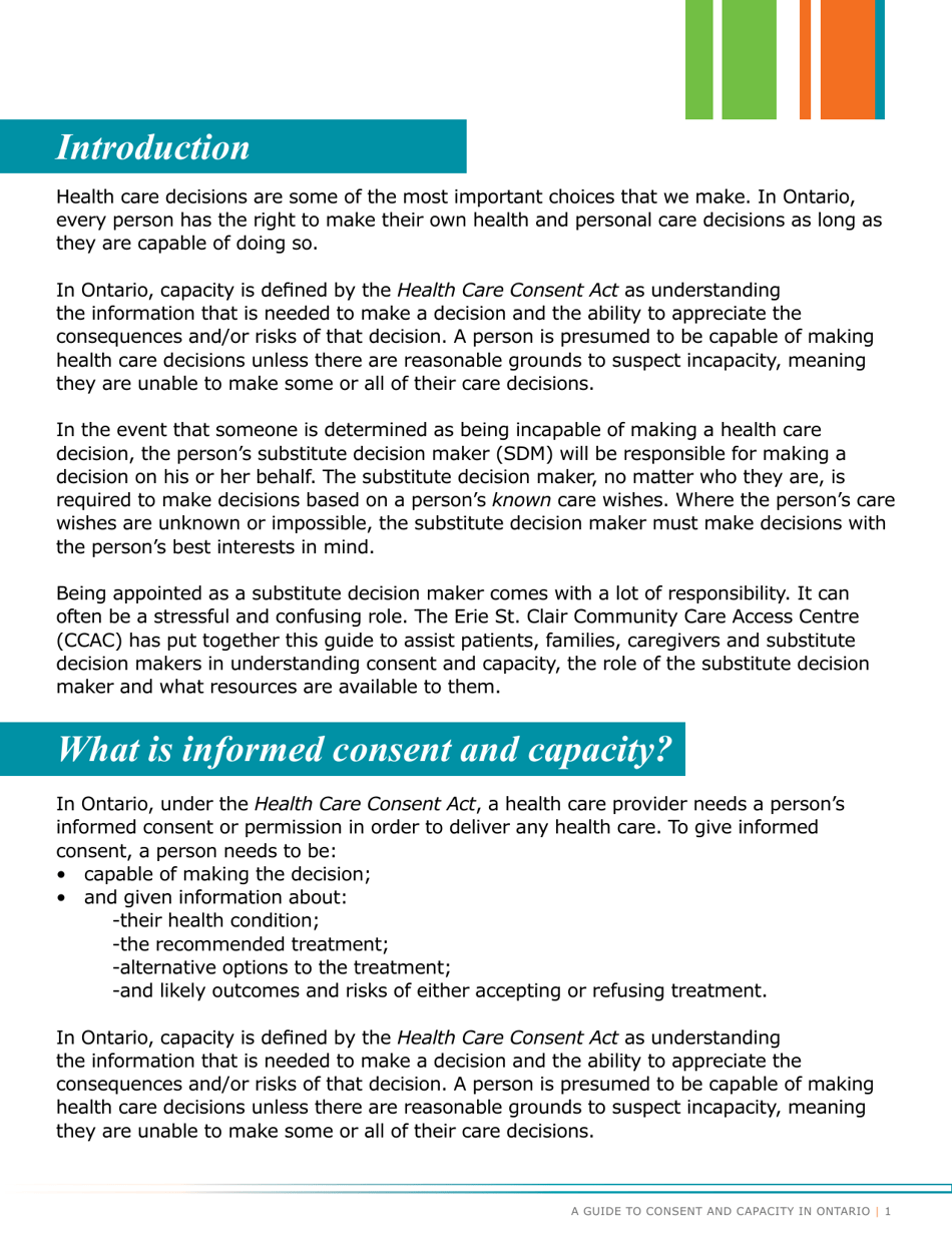 A Guide to Consent and Capacity in Ontario - Erie St. Clair Ccac (Community Care Access Centre) - Ontario, Canada, Page 3
