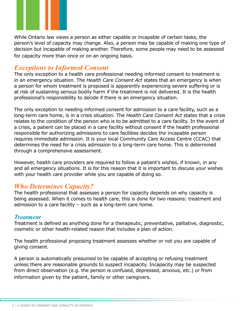 A Guide to Consent and Capacity in Ontario - Erie St. Clair Ccac (Community Care Access Centre) - Ontario, Canada, Page 4