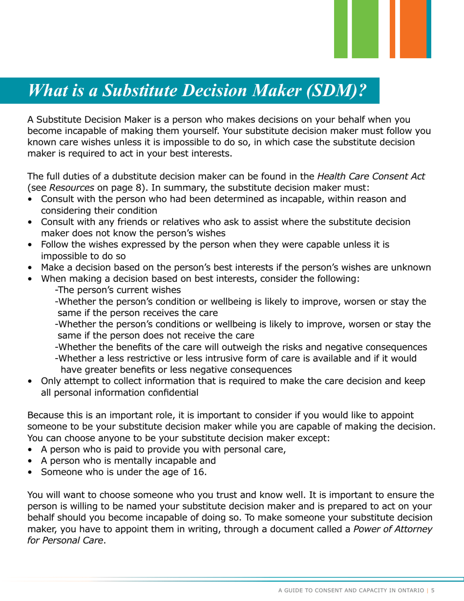 A Guide to Consent and Capacity in Ontario - Erie St. Clair Ccac (Community Care Access Centre) - Ontario, Canada, Page 7