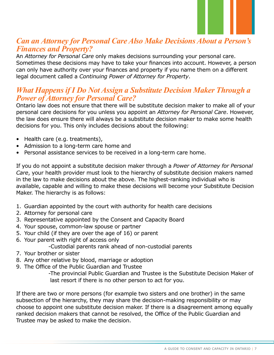 A Guide to Consent and Capacity in Ontario - Erie St. Clair Ccac (Community Care Access Centre) - Ontario, Canada, Page 9