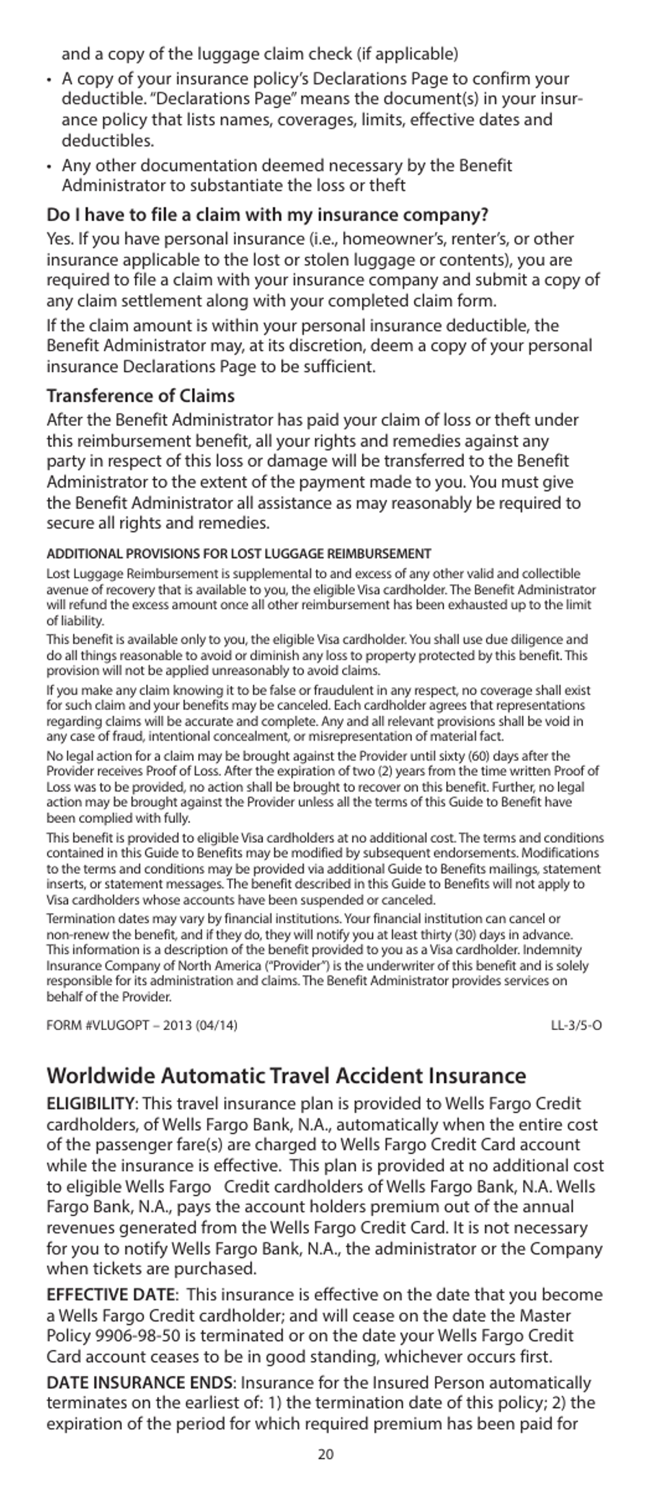 Your Visa Signature Card Guide to Benefits: Wells Fargo Visa Signature Credit Card, Page 20