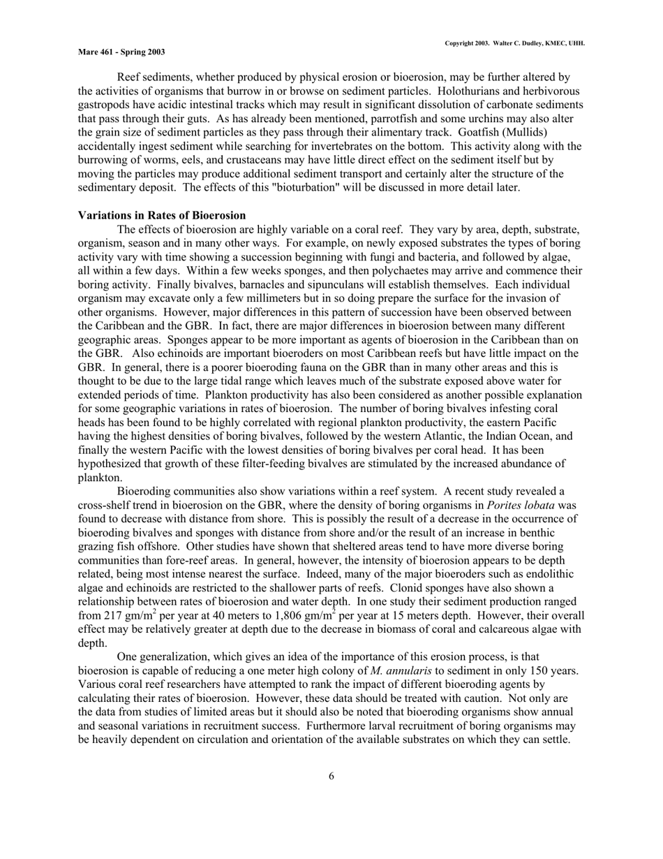 Coral Reef Sedimentology - Walter C. Dudley, Kmec, Uhh (Mare 461 - Spring 2003), Page 6