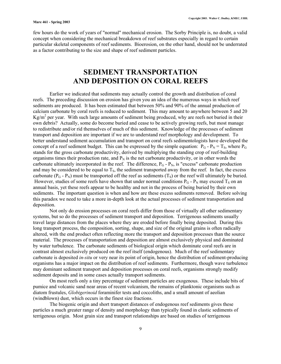 Coral Reef Sedimentology - Walter C. Dudley, Kmec, Uhh (Mare 461 - Spring 2003), Page 9
