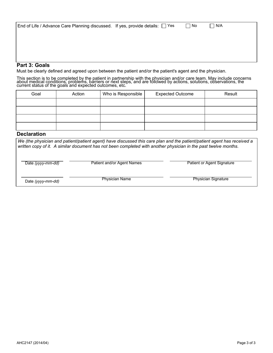 Form AHC2147 Comprehensive Annual Care Plan - Alberta Medical Association - Alberta, Canada, Page 3